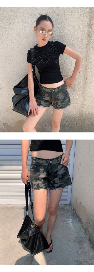 camouflage denim shorts