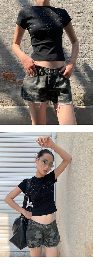 camouflage denim shorts