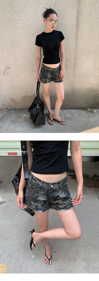camouflage denim shorts