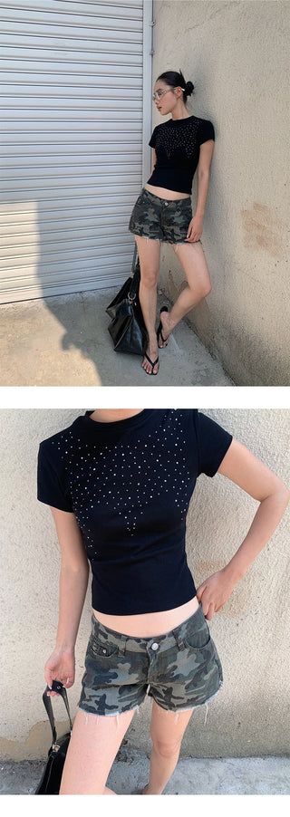camouflage denim shorts