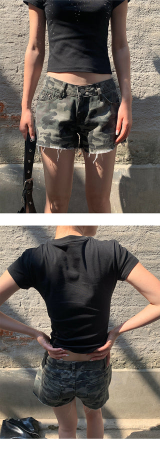 camouflage denim shorts