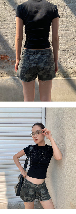 camouflage denim shorts