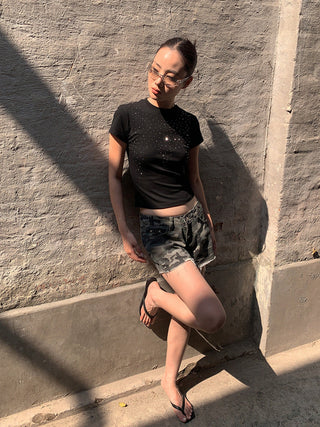 camouflage denim shorts