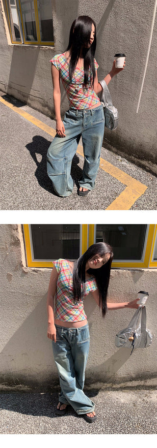 pleated stitch jeans