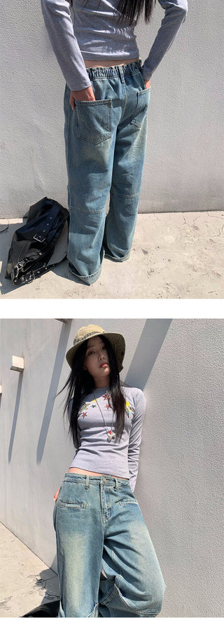 pleated stitch jeans
