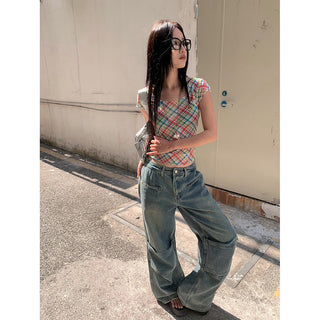 pleated stitch jeans