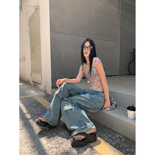 pleated stitch jeans