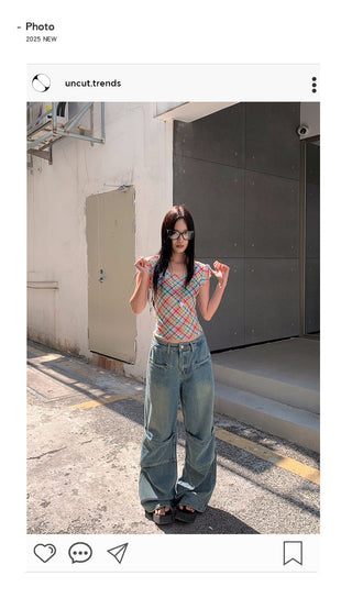 pleated stitch jeans