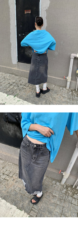 torn denim skirt