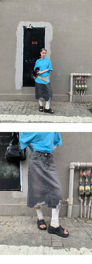 torn denim skirt