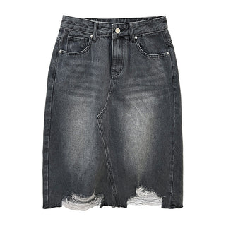 torn denim skirt