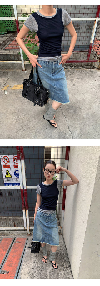 button denim skirt