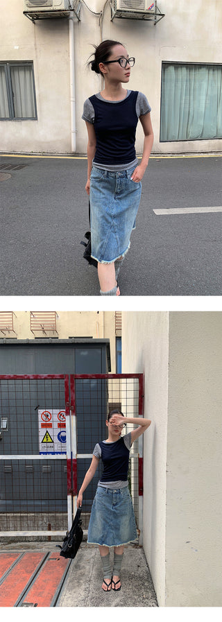 button denim skirt