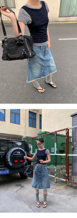 button denim skirt