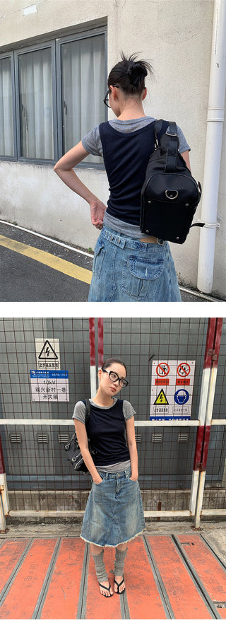 button denim skirt