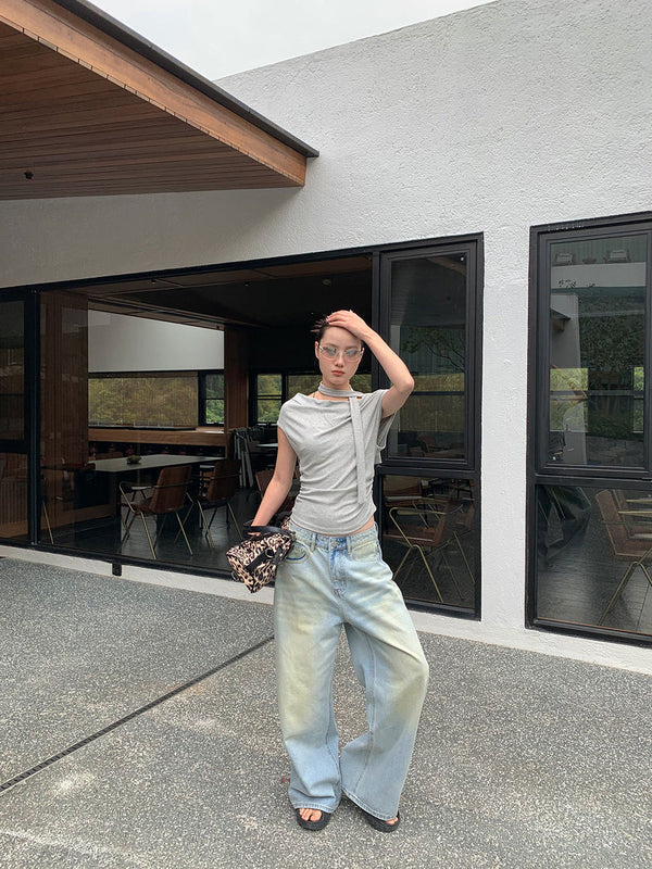 yellow distressed jeans