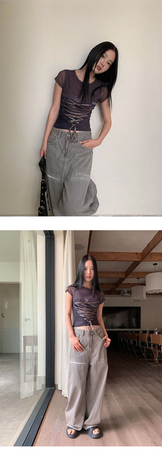 mesh lace-up Tops