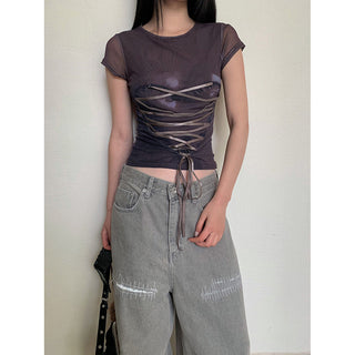 mesh lace-up Tops