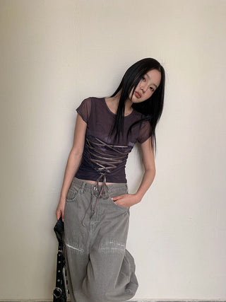 mesh lace-up Tops