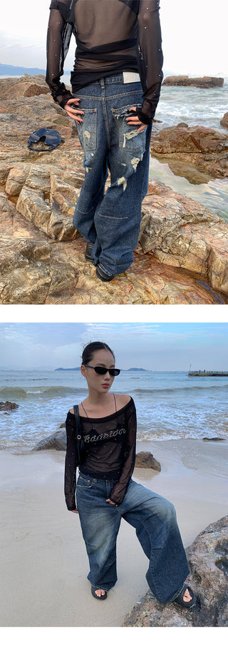 pleated denim jeans