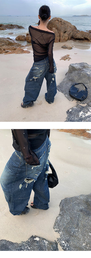 pleated denim jeans