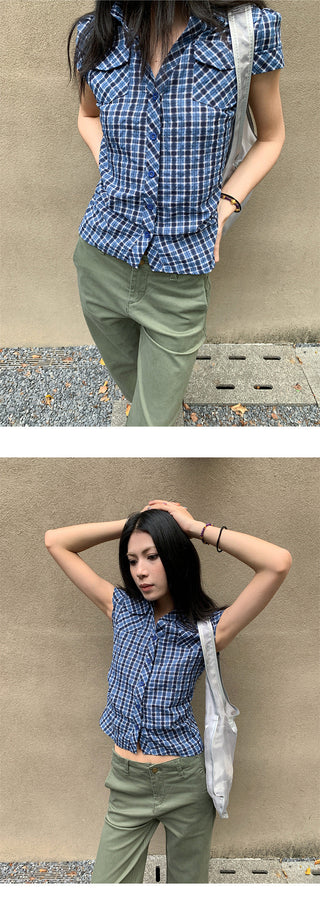 pleated plaid shirt