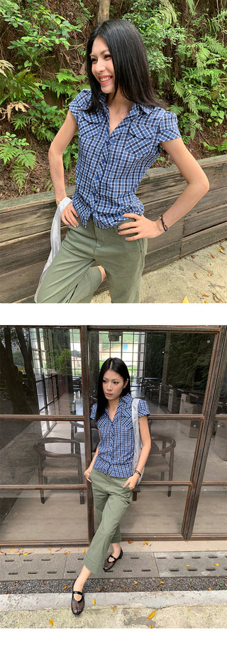 pleated plaid shirt