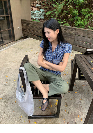 pleated plaid shirt