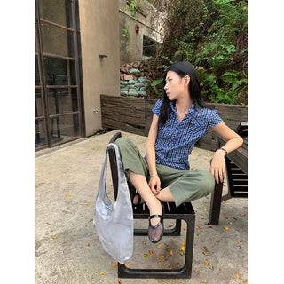 pleated plaid shirt