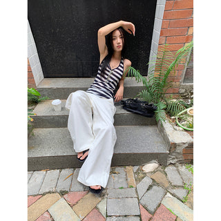 striped U-collar Top