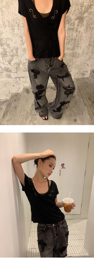 pleated V-neck Tops