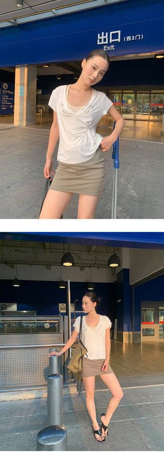 pleated V-neck Tops