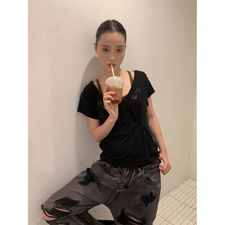 pleated V-neck Tops