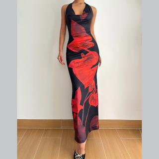 Halter cowl neck backless print maxi dress