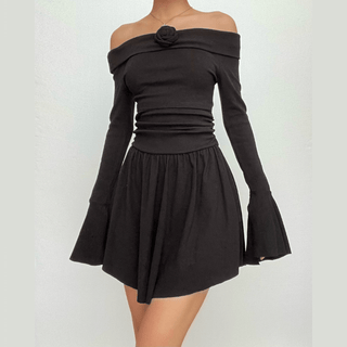 Flower applique off shoulder long flared sleeve slit mini dress