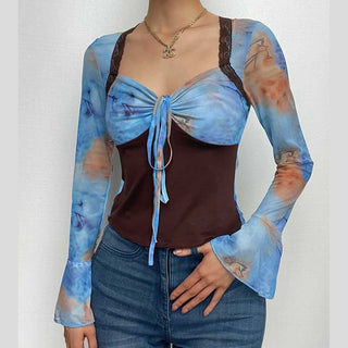 Ruched mesh long sleeve flared sleeve self tie heart neck ruffle top