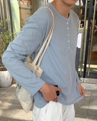 Henley neck long-sleeved knit