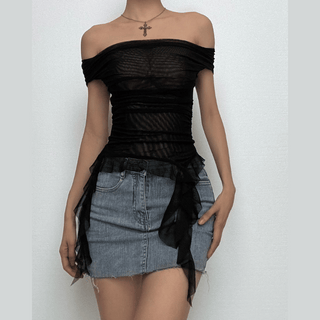 Off shoulder sheer mesh ruffle top