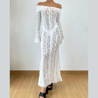 Long flared sleeve off shoulder lace self tie maxi dress