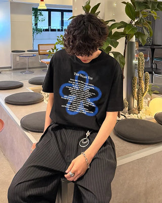 (Unisex) Spray Flower Lettering Long Half T-Shirt