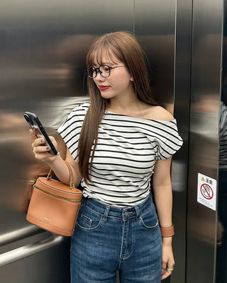 Asymmetrical Off-Shoulder Striped T-Shirt