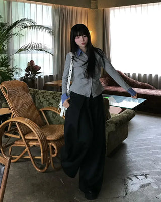 Checkered shirt layered gathered cardigan