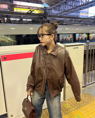 Oversized Collar Faux Leather Jacket