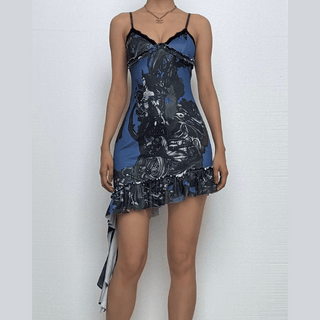 Lace hem v neck print backless cami mini dress