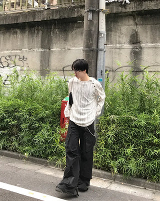 Striped button-up long-sleeved T-shirt
