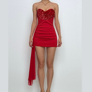 Sweetheart neck glitter irregular ruched tube mini dress