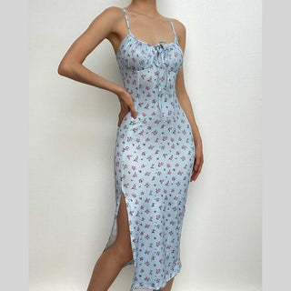 High slit floral heart neck ruched dress