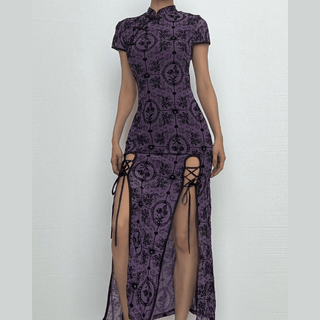 Short sleeve high neck print high slit button midi dress-final-sale