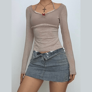Long sleeve halter bowknot lace hem top