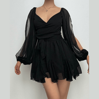 Long puff sleeve mesh print ruched mini dress
